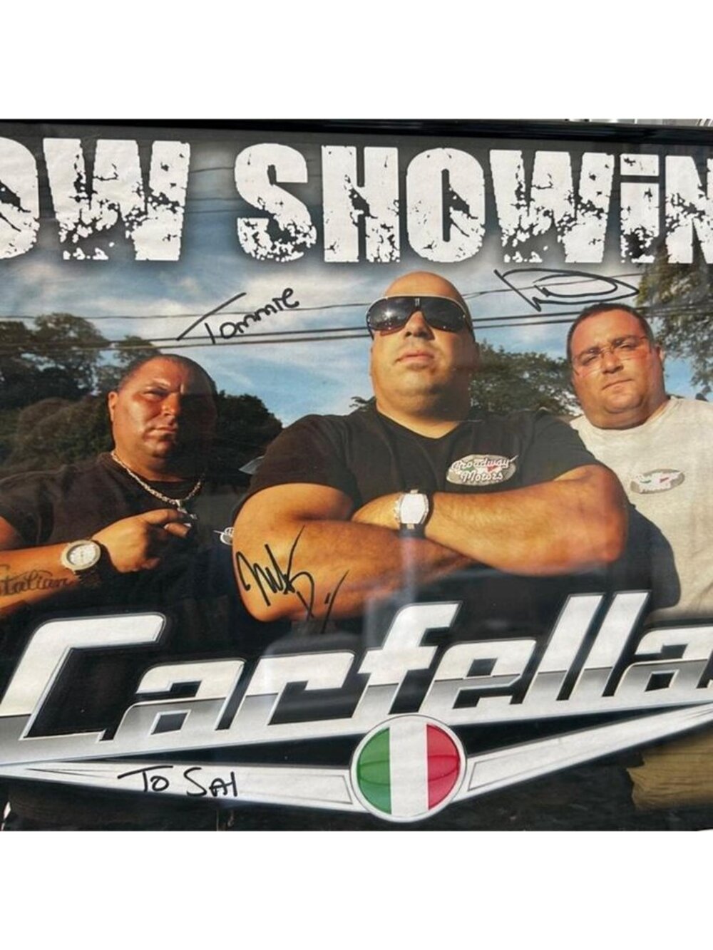 Carfella Brothers signed poster with three men posing #carfella #brothers